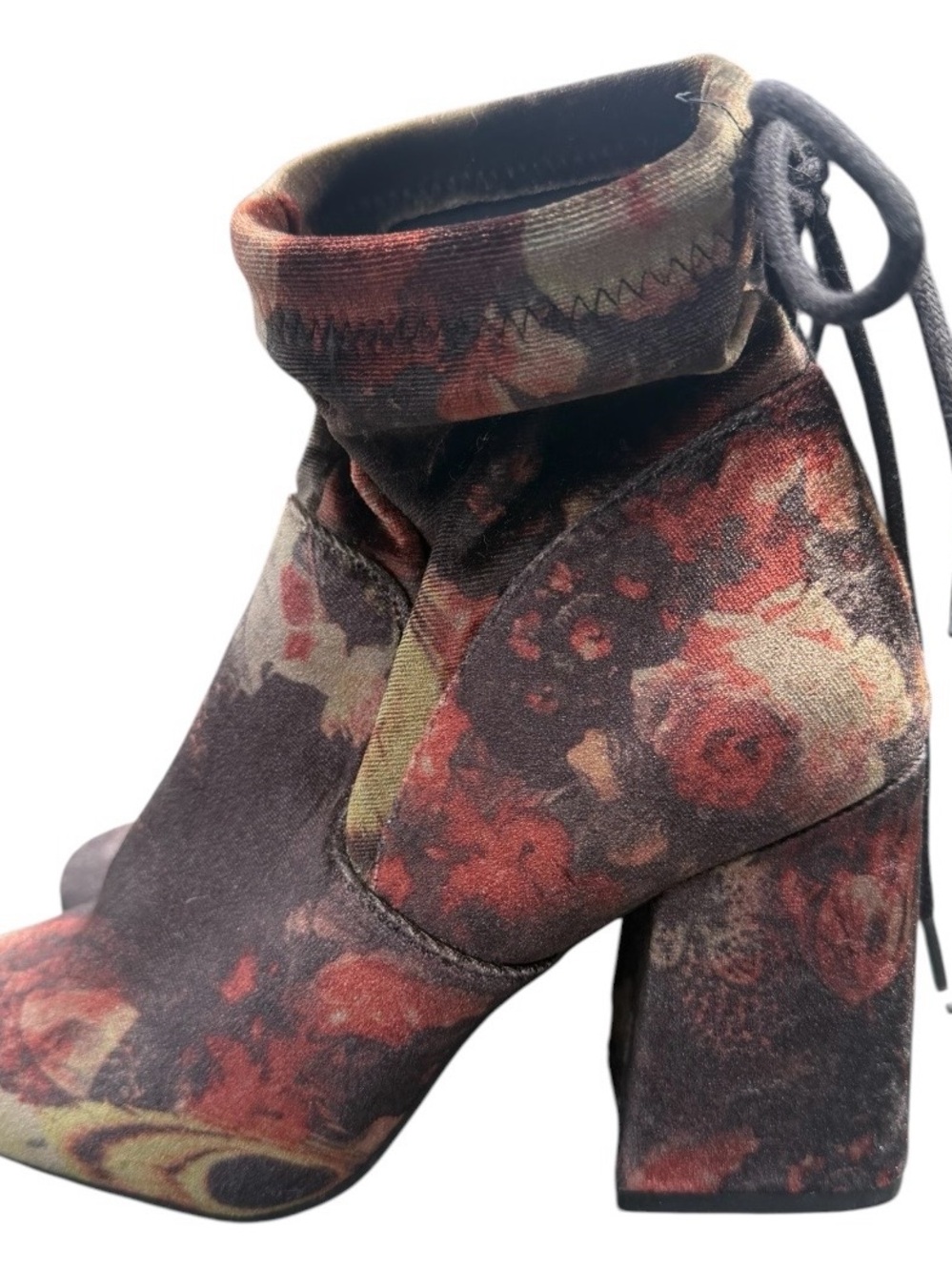 Floral Print Block Heel Ankle Boots - Red Multicolor